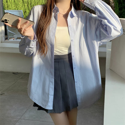 Women Basic Casual Long-Sleeved Shirt Loose Mid-Length Office Blouse