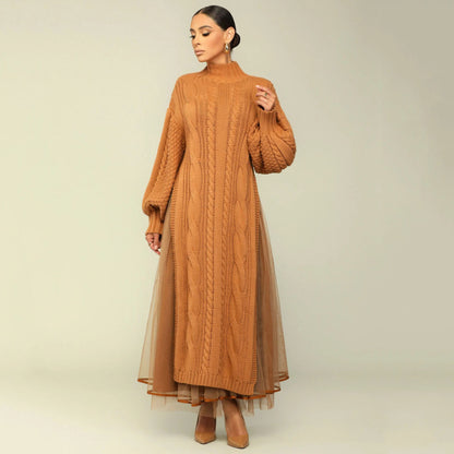 Women Fashion Casual Solid Color Sweater Split Mesh Skirt Two Pieces Set