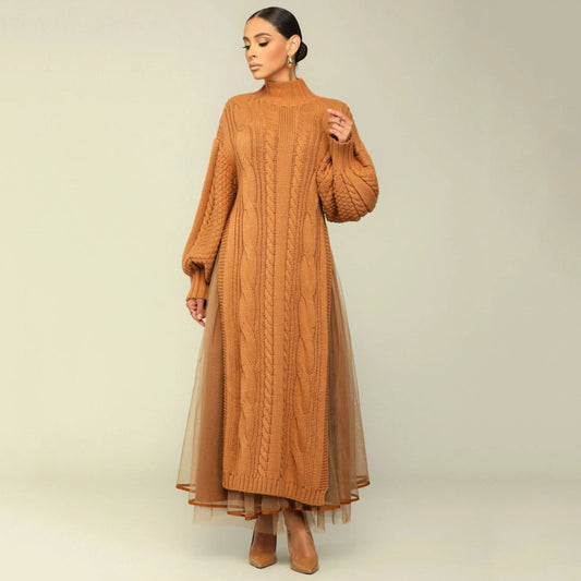 Women Fashion Casual Solid Color Sweater Split Mesh Skirt Two Pieces Set