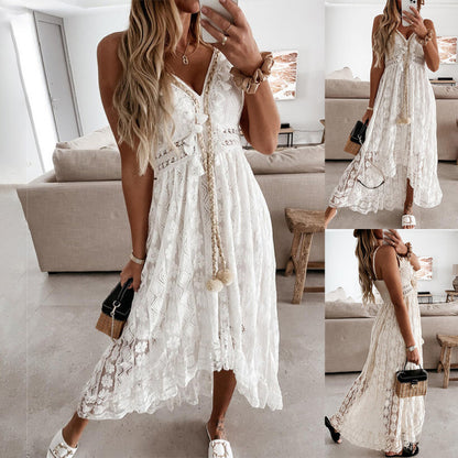 Summer Women Fashion Casual V-Neck Lace Irregular Strap Maxi Dress