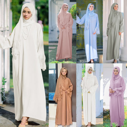 Women Casual Solid Color Lace Patchwork Abaya Long Sleeve Maxi Dress With Turban