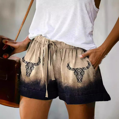 Pantalones cortos holgados con cordones y cintura alta con estampado digital informal a la moda para mujer
