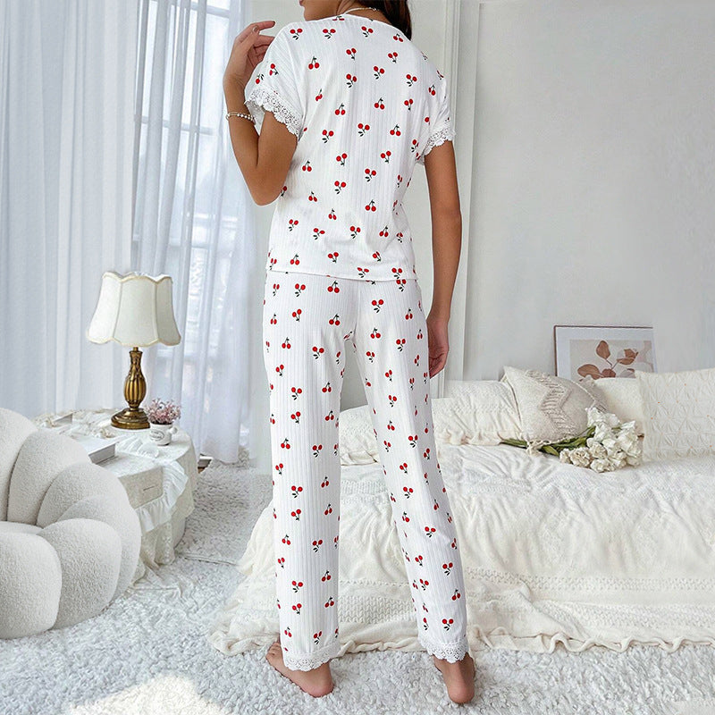 Conjunto de pijama informal para mujer con estampado de cerezas, encaje, manga larga, solapa y pantalones holgados