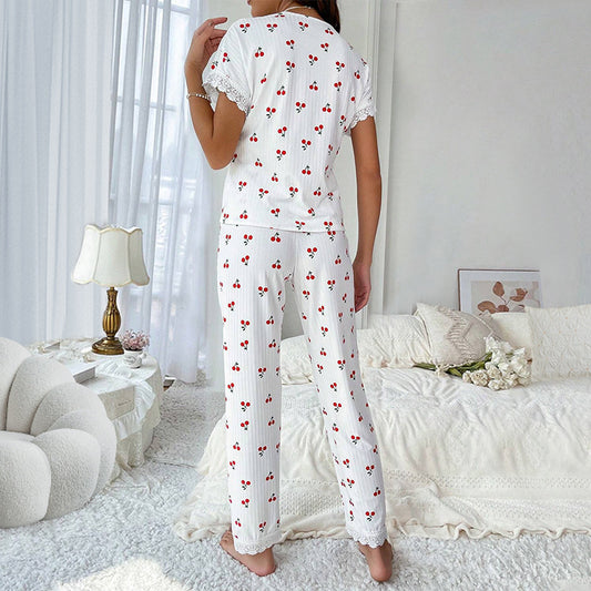 Conjunto de pijama informal para mujer con estampado de cerezas, encaje, manga larga, solapa y pantalones holgados