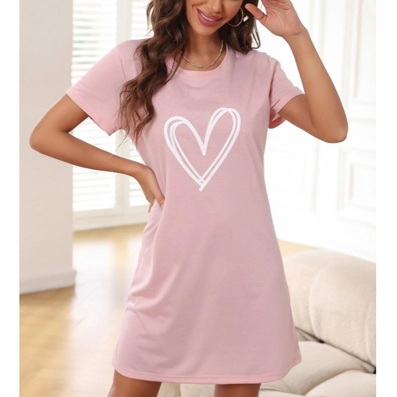 Cozy Casual Heart Print Short Sleeve Women Lounge Sleepwear Nightdress