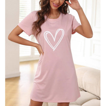 Cozy Casual Heart Print Short Sleeve Women Lounge Sleepwear Nightdress