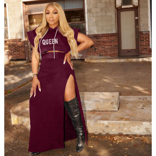 Women'S Fashion Rhinestone Print Sleeveless Cropped Top Casual Side Slit Skirt Set