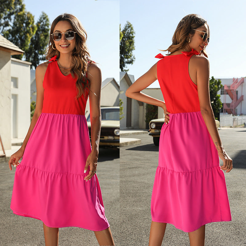 Women Casual Edgy Color Blocking Sleeveless Loose Beach Dress