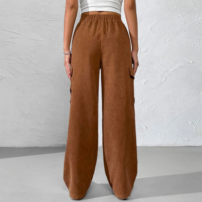 Women Solid Color High Waist Pocket Casual Loose Elastic Pants