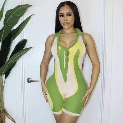 Women Casual Knitted Playsuits V Neck Sleeveless Turn Down Collar Button Up Outfits Bodycon Rompers