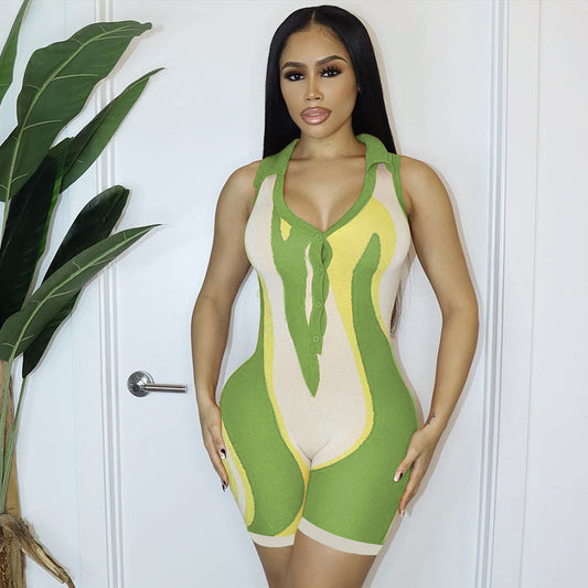 Women Casual Knitted Playsuits V Neck Sleeveless Turn Down Collar Button Up Outfits Bodycon Rompers