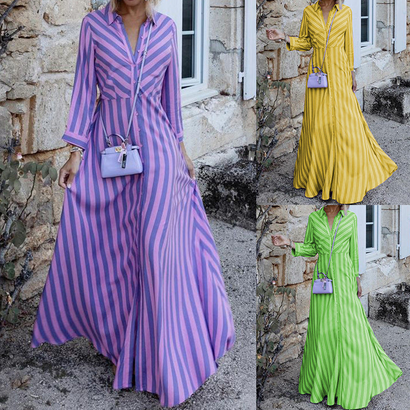 Women Fashion Casual Stripe Long Sleeve Maxi Shirt Dress