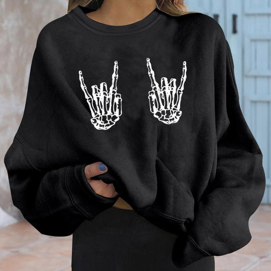 Sudadera holgada informal de moda con estampado de mano de esqueleto para mujer