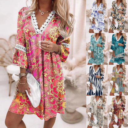 Women Elegant Bohemian V-Neck Floral Printed Lace Patchwork Casual Dress