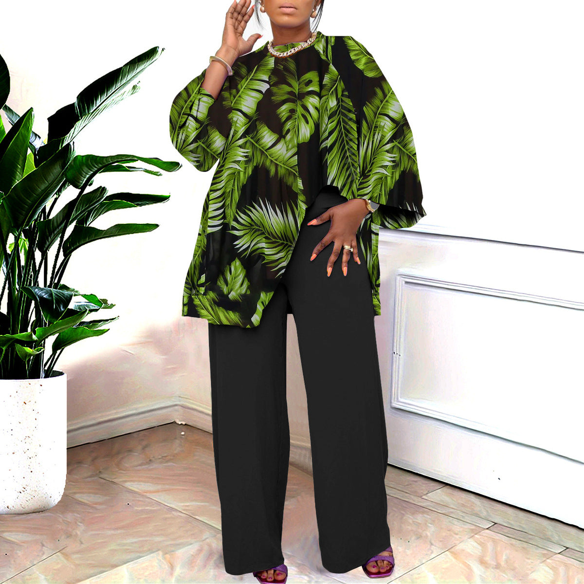 Conjunto de blusa y pantalones con estampado de talla grande informal holgado a la moda de primavera y otoño para mujer