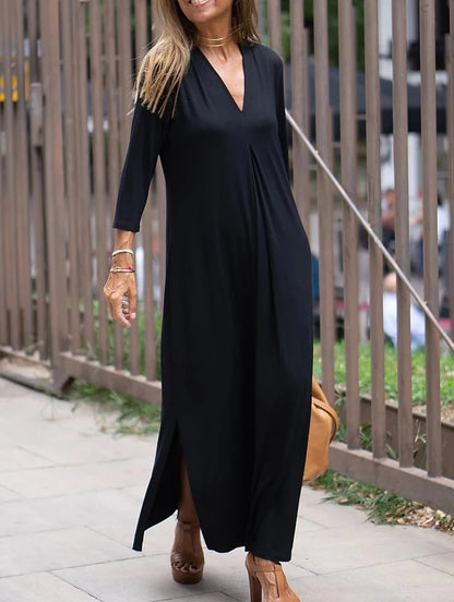 Vestido largo informal con escote en V y abertura para mujer