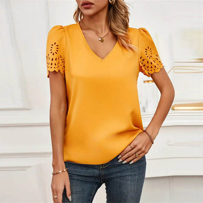 Blusa informal de manga corta con cuello en V y estampado floral para mujer