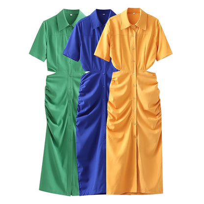 Women Casual Solid Color Back Hollow Short-Sleeved Buttoned Shirt Dress