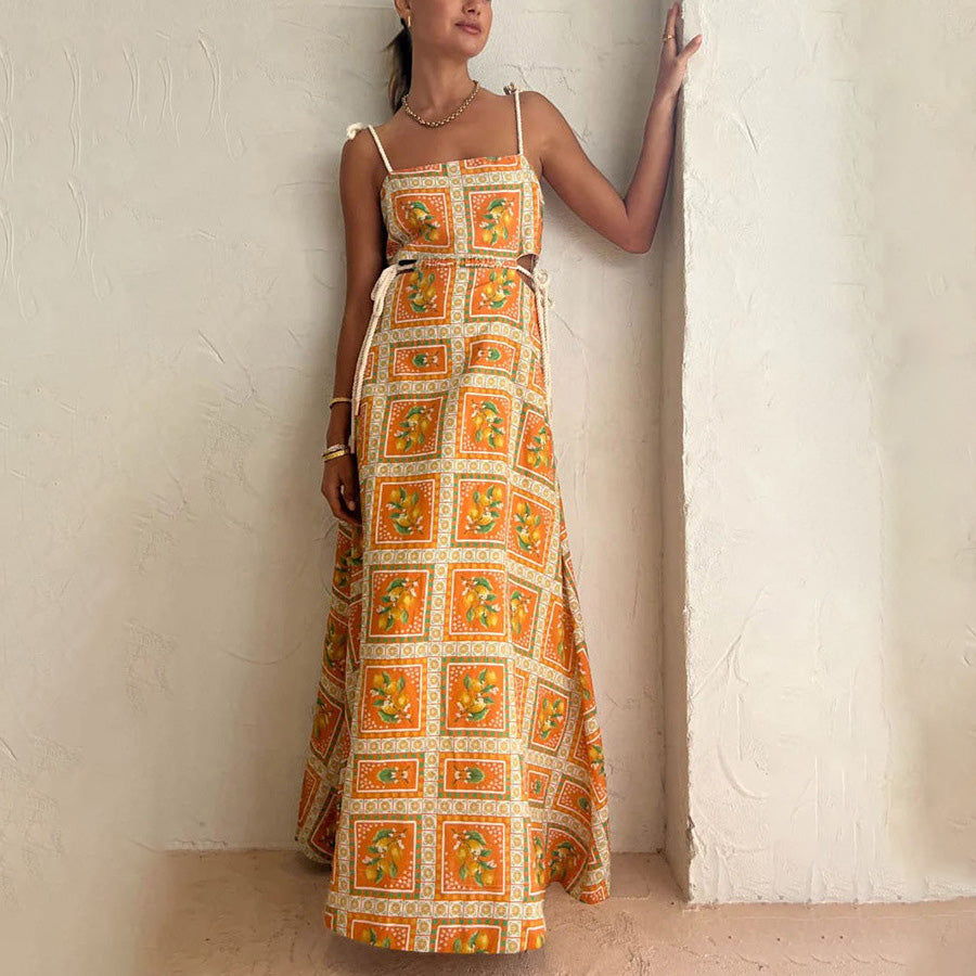 Women Fashion Casual Vacation Printed Hollow-Out Spaghetti Strap Drawstring Loose Dress