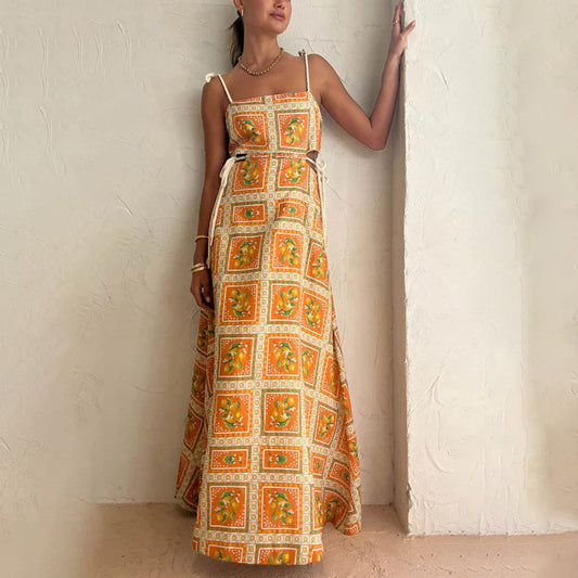 Women Fashion Casual Vacation Printed Hollow-Out Spaghetti Strap Drawstring Loose Dress