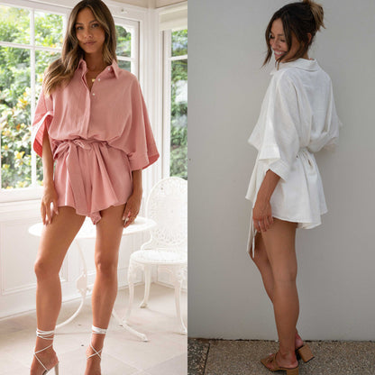 Women Fashion Casual Solid Color Lapel Single-Breasted Romper