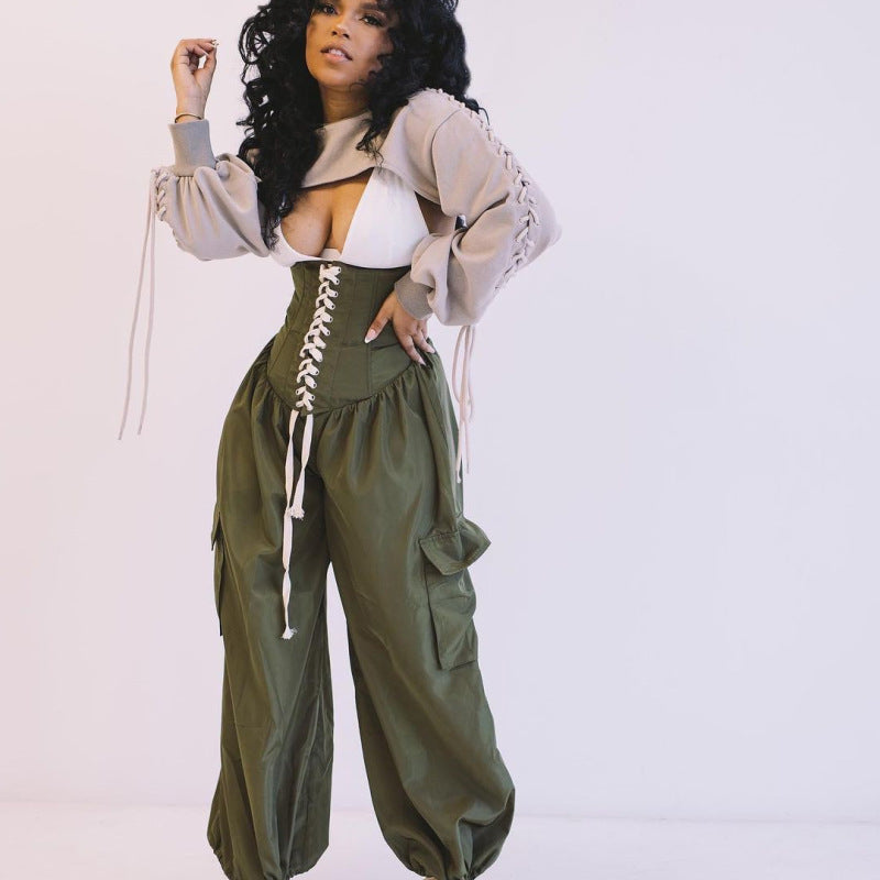Women Casual Solid Color High Waist Lace Up Loose Pocket Wide Leg Jogger Pants