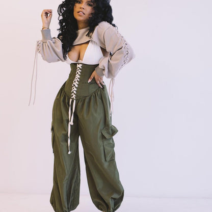 Women Casual Solid Color High Waist Lace Up Loose Pocket Wide Leg Jogger Pants