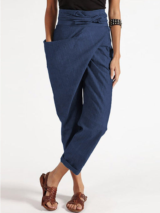 Pantalones casuales irregulares de color sólido con cordones para mujer