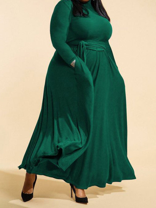 Women Fashion Casual Solid Color High Neck Long Sleeve Lace-Up Plus Size Dress