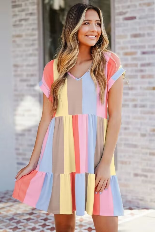 Women Fashion Casual V-Neck Color Blocking Dress