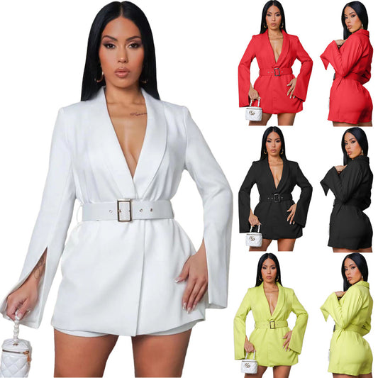 Women Fashion Casual Deep V Long Sleeve Blazer Dress Belt