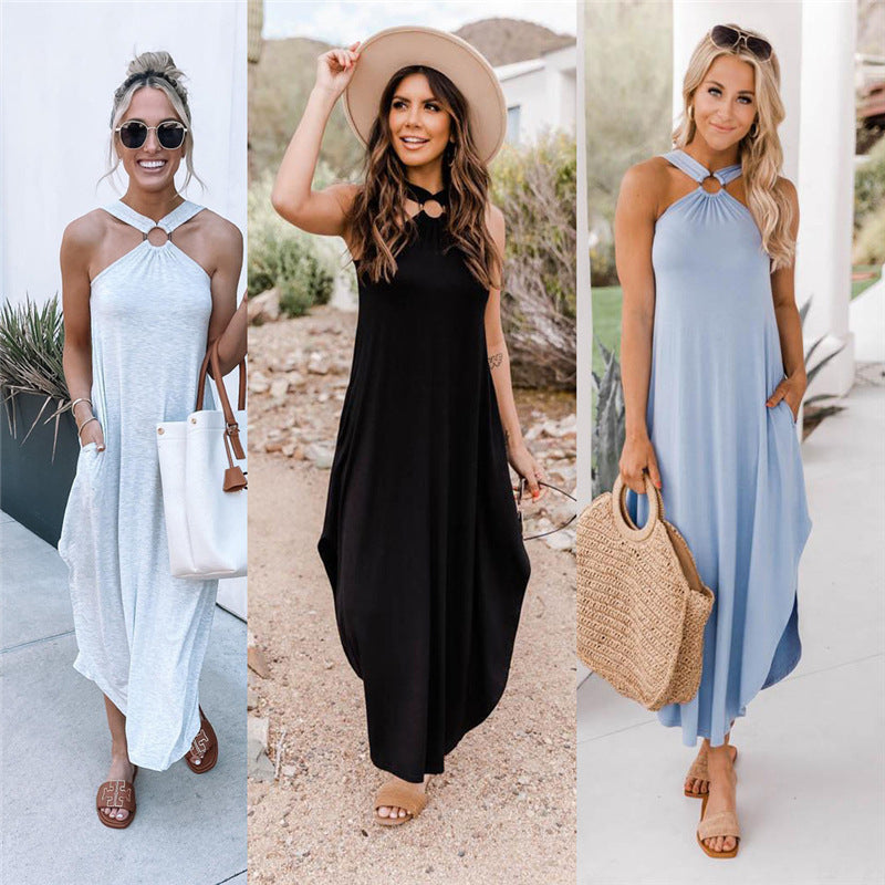 Spring And Summer Strapless Casual Comfortable Halter Neck Long Pocket Dress