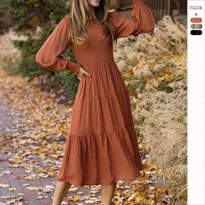 Vestido midi liso con mangas abullonadas y cuello redondo vintage informal para mujer de otoño e invierno
