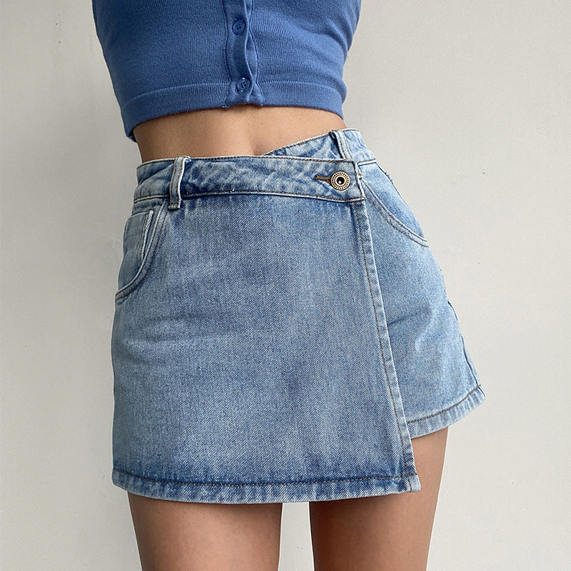 Women Summer Casual Overlap High Waist A-Shaped Denim Shorts