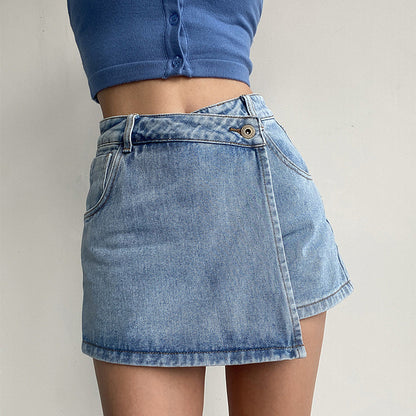 Women Summer Casual Overlap High Waist A-Shaped Denim Shorts