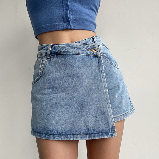 Pantalones cortos vaqueros de cintura alta con solapa y corte A para mujer, informales, de verano