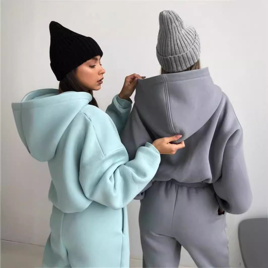 Autumn And Winter Fashion Athleisure Solid Color Hoodie Casual Pants Two-Piece Set