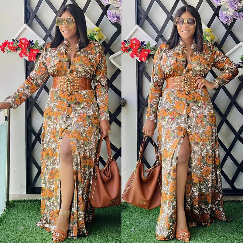Vestido informal con estampado floral y cinturón para mujer, talla grande
