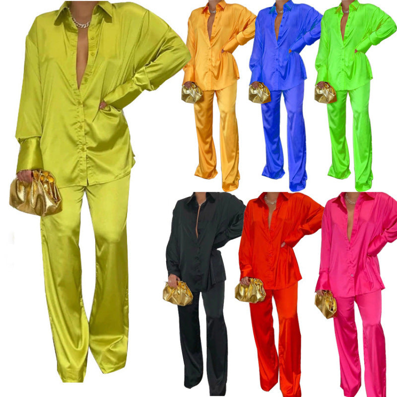 Conjunto de camisa y pantalón de manga larga holgado informal de satén multicolor para mujer