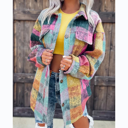 Autumn Winter Plaid Print Casual Fashion Lapel Long-Sleeved Coat Shacket