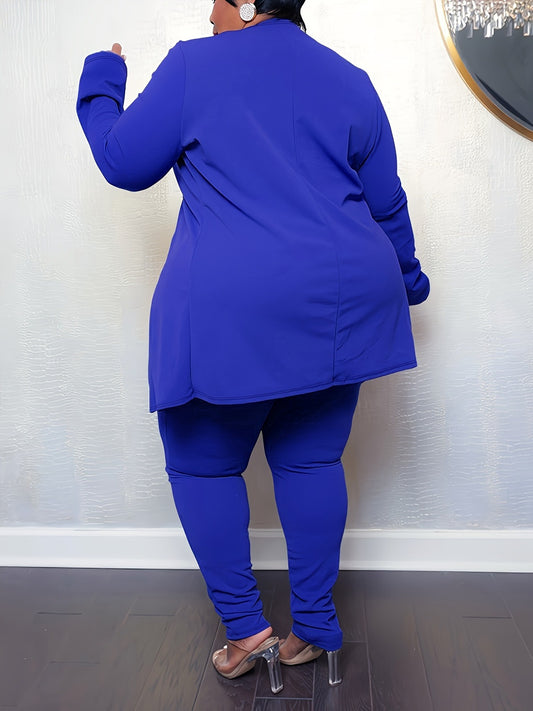 Women Casual Solid Color V-Neck Long-Sleeve Top Tight Pants Plus Size Two-Piece Set