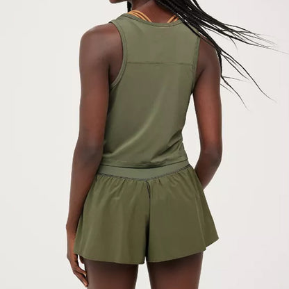 Women Fashion Casual Solid Color Sleeveless Top High-Waisted Shorts Yoga Sports Two-Piece Set
