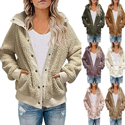Abrigo de peluche holgado informal de invierno de manga larga y color liso para mujer