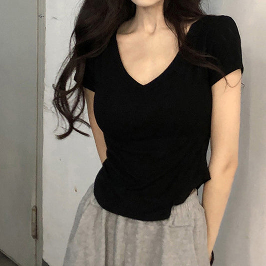 Camiseta informal de manga corta con cuello en V y color liso para mujer