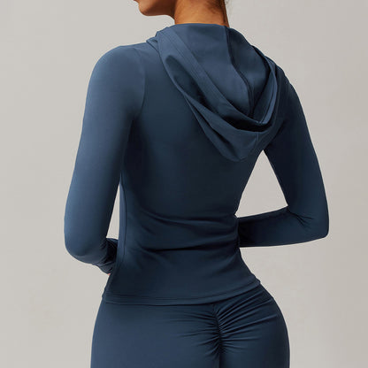 Sudadera deportiva de yoga ajustada de manga larga con cremallera y color sólido informal para mujer
