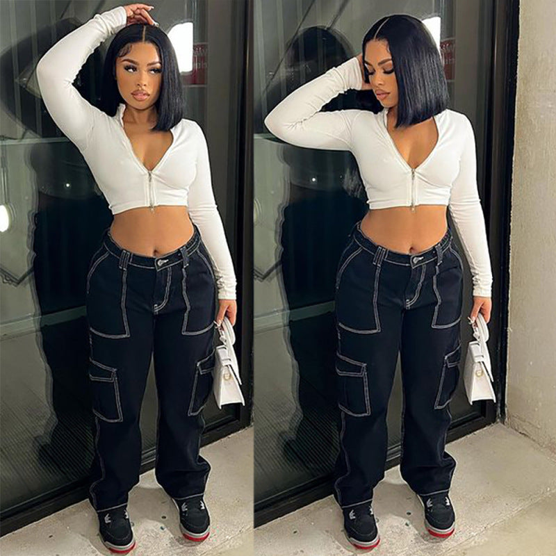 Women Fashion Casual Straight Stretch Cargo Pants Jeans