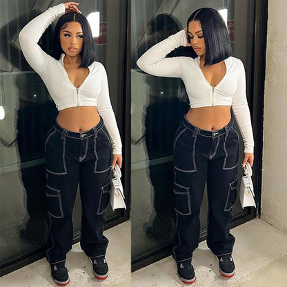 Women Fashion Casual Straight Stretch Cargo Pants Jeans