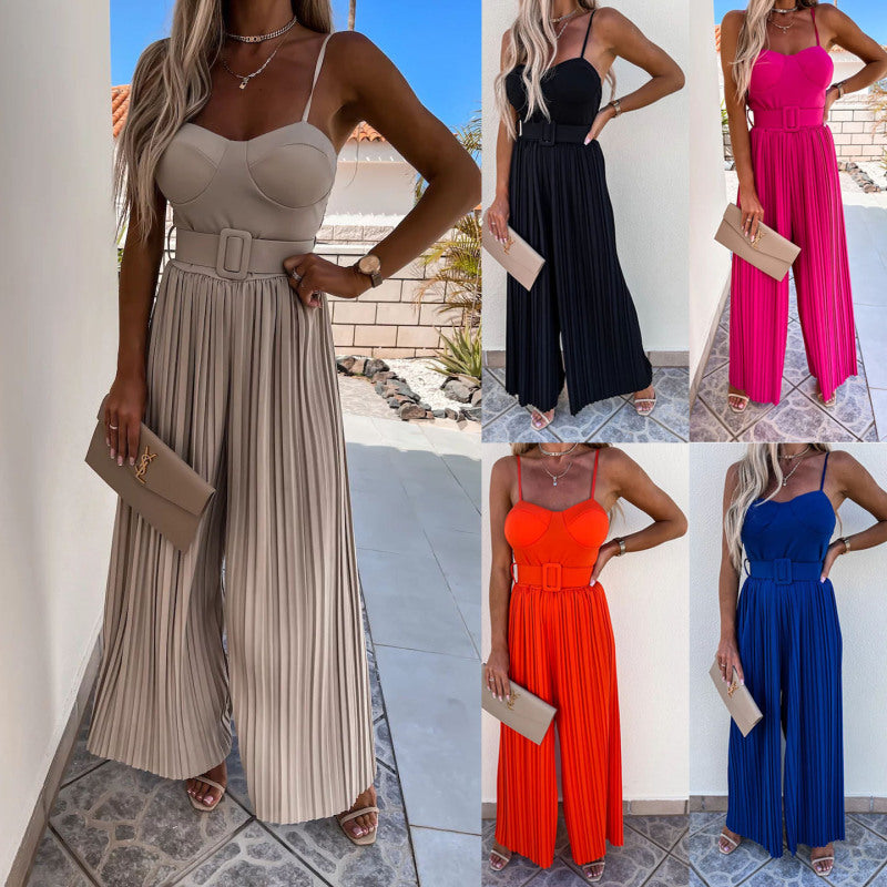 Women Summer Sexy Sling Pleated Casual Vacation Solid Color Jumpsuits