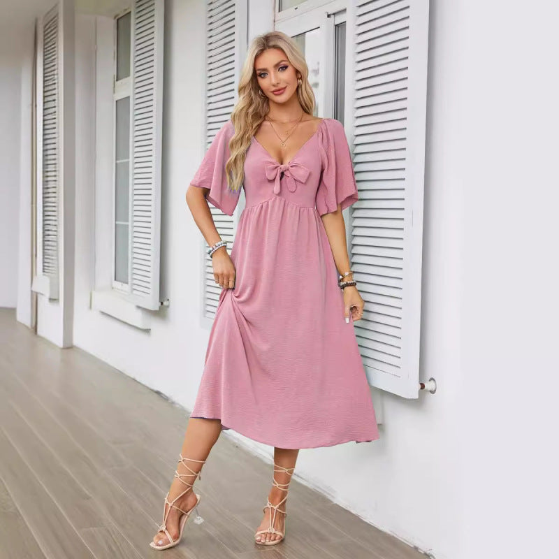 Vestido informal de manga corta con lazo y escote en V para mujer