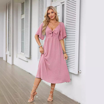 Vestido informal de manga corta con lazo y escote en V para mujer